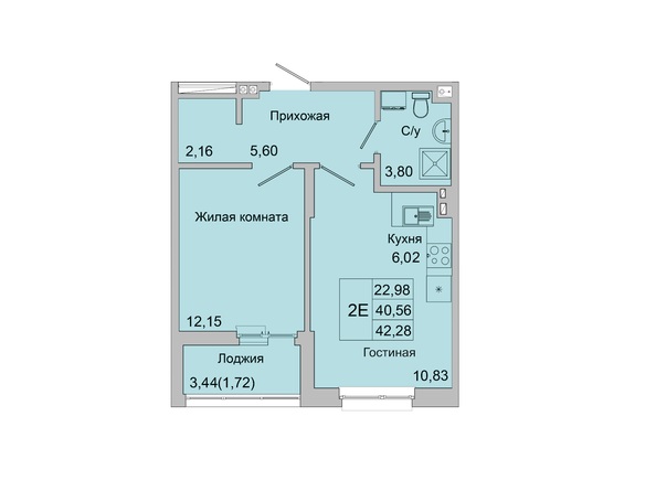 Планировка 2-комн 41,08 - 42,04 м²