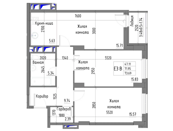 Планировка 2-комн 73,69 м²