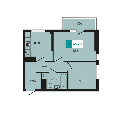 Планировка 2-комн 45,25 м²