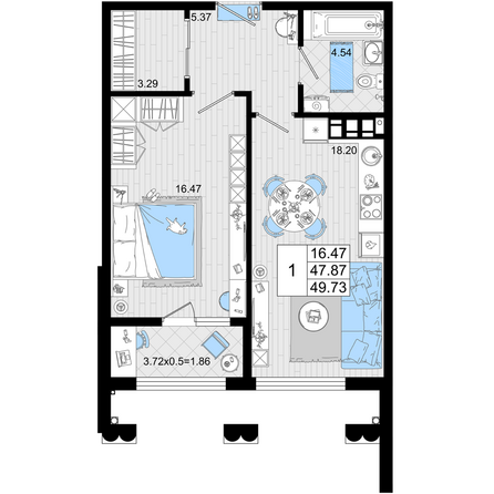 Планировка 1-комн 49,73 м²