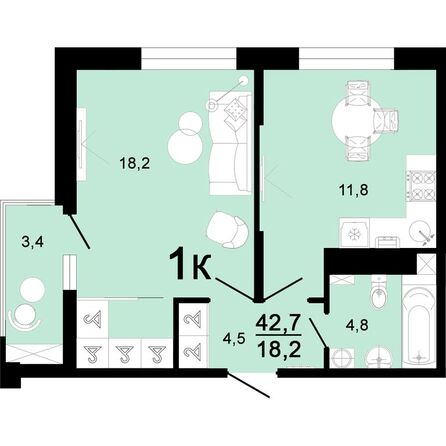 Планировка 1-комн 42, 42,7 м²