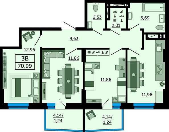 Планировка 3-комн 70,52 - 71,14 м²