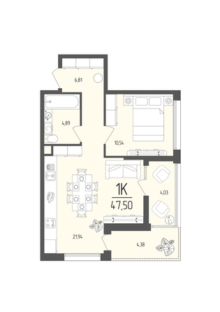 Планировка 1-комн 47,5 м²
