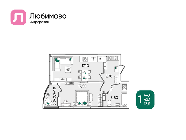 Планировка 1-комн 44 - 45,16 м²