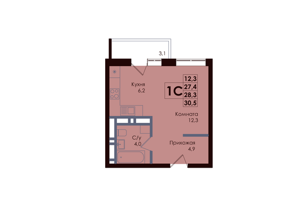 Планировка Студия 28,3 м²