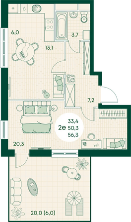 Планировка 2-комн 56,3 м²