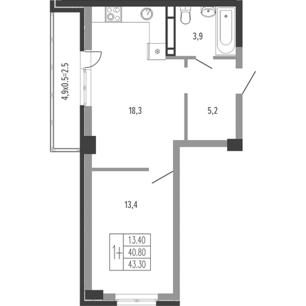 Планировка 1-комн 43,3 м²