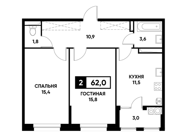 Планировка 2-комн 62 м²