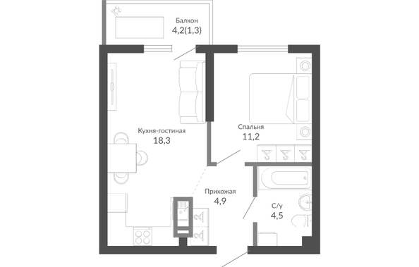 Планировка 1-комн 40,2 м²