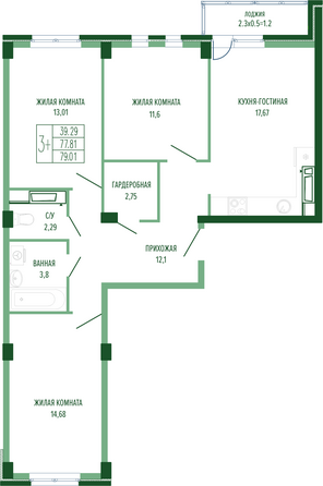 Планировка 3-комн 79,04 м²