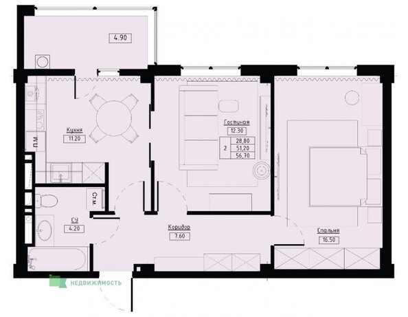Планировка 2-комн 56,7 м²