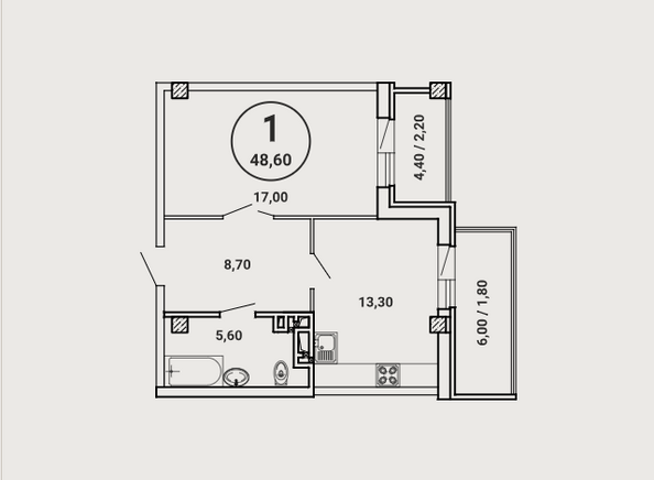 Планировка 1-комн 48,6 м²