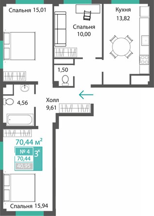 Планировка 3-комн 70,44 м²