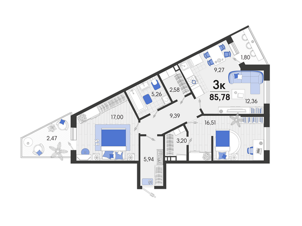 Планировка 3-комн 85,78 м²