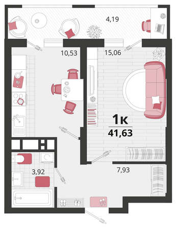 Планировка 1-комн 41,63 м²