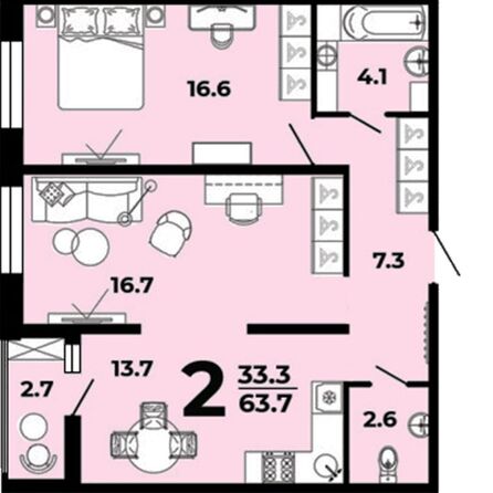 Планировка 2-комн 63,1, 63,7 м²