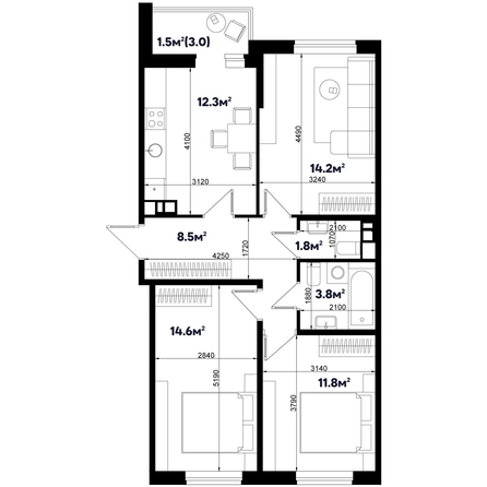 Планировка 3-комн 68,5 м²