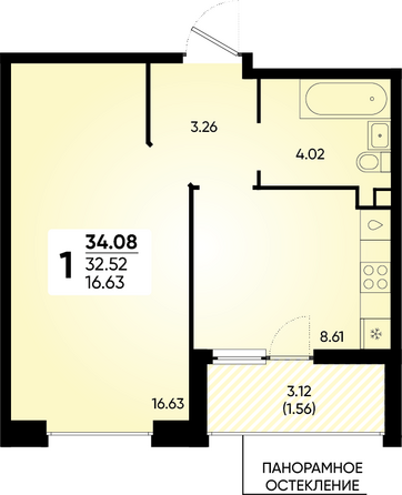 Планировка 1-комн 34,08 м²