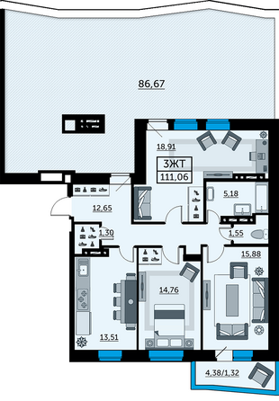 Планировка 3-комн 111,06 м²