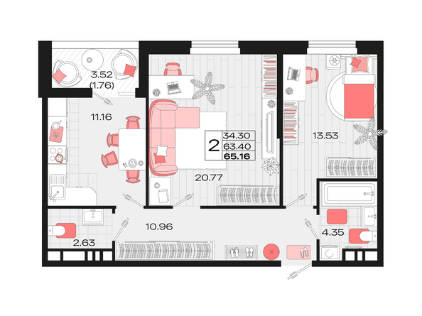 Планировка 2-комн 65,16 м²