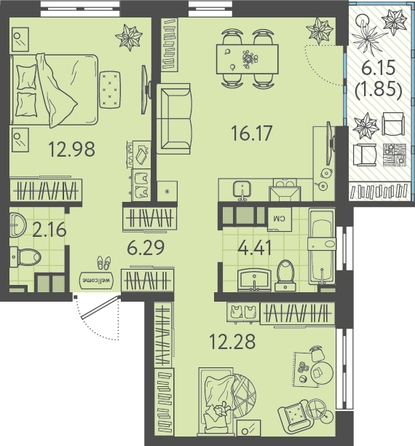 Планировка 2-комн 55,34 м²