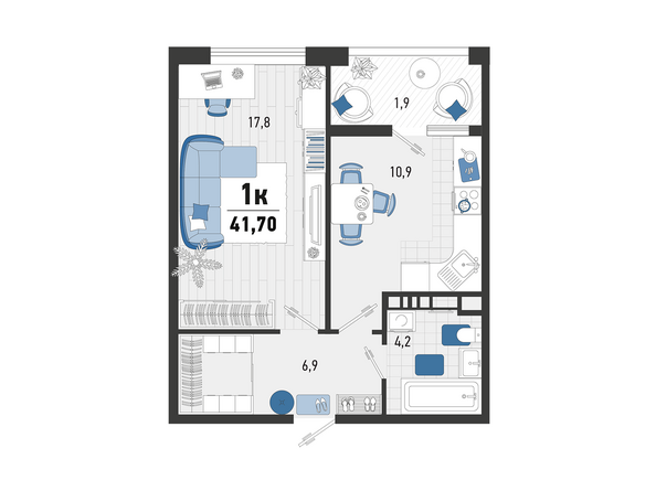 Планировка 1-комн 41,7 м²