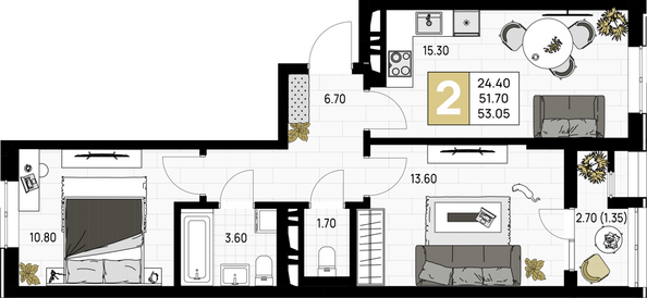 Планировка 2-комн 53,05 м²