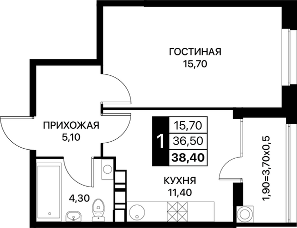 Планировка 1-комн 38,4 м²