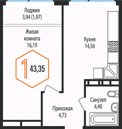 Планировка 1-комн 43,35 м²