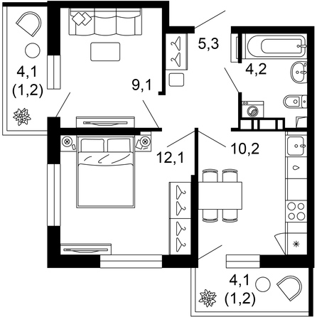 Планировка 2-комн 43,3 м²