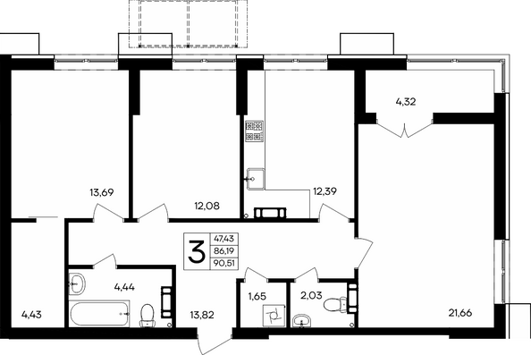 Планировка 3-комн 90,51 м²
