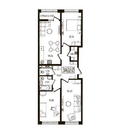 Планировка 3-комн 80,9 м²