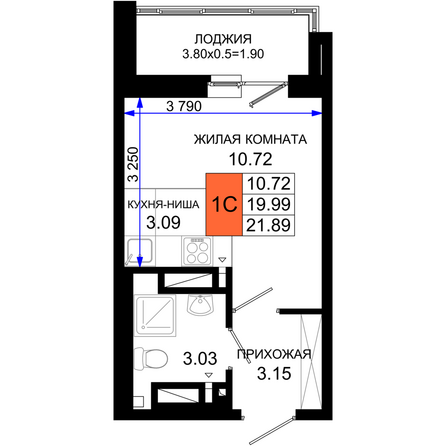 Планировка Студия 21,89 м²