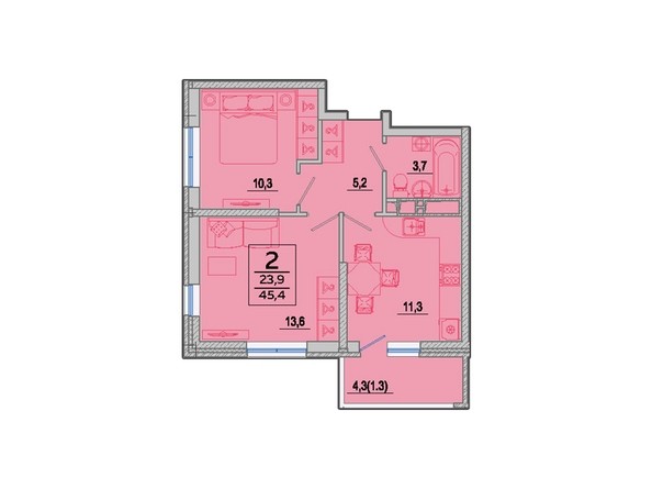 Планировка 2-комн 45,4 м²