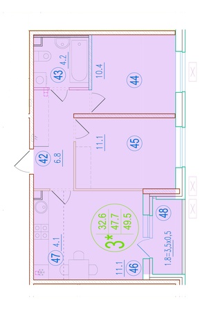 Планировка 3-комн 49,5 м²