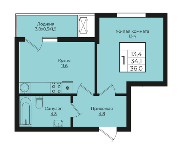 Планировка 1-комн 36 м²