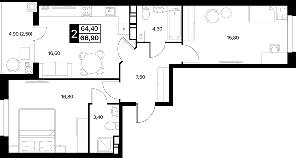 Планировка 2-комн 66,3 м²