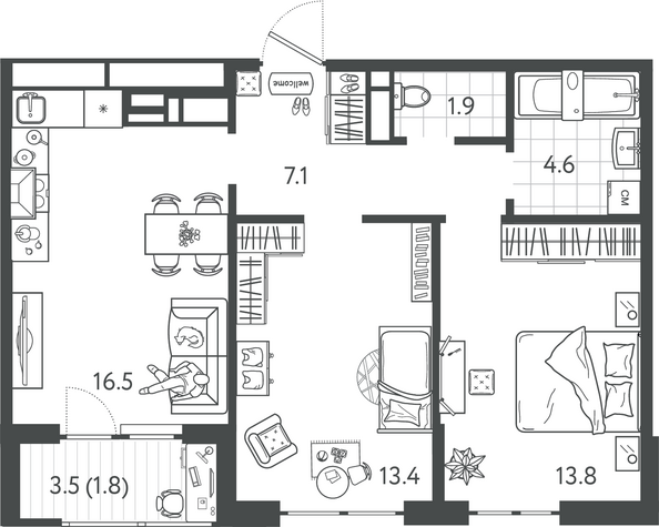 Планировка 2-комн 59,1 м²