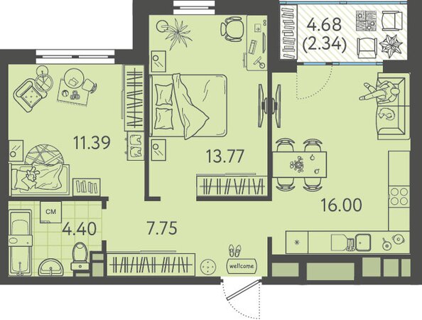 Планировка 2-комн 55,65 м²