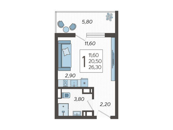 Планировка 1-комн 26,3 м²