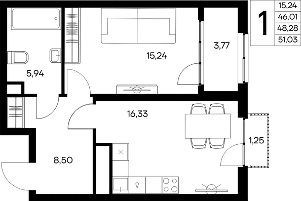 Планировка 1-комн 51,03 м²