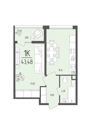 Планировка 1-комн 43,48 м²