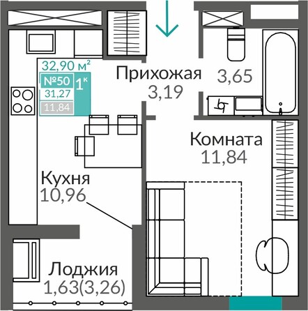 Планировка 1-комн 31,27 м²