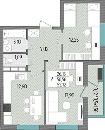 Планировка 2-комн 52,12 м²