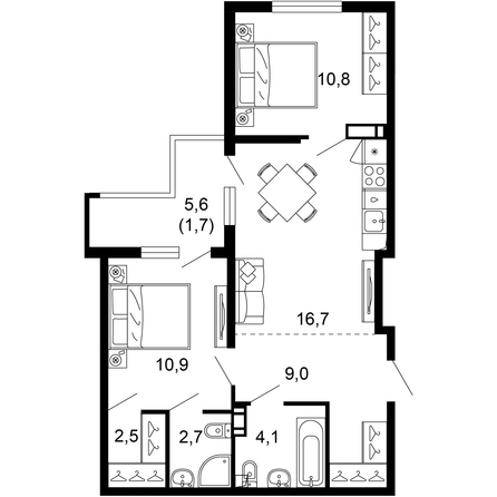 Планировка 2-комн 58,4 м²