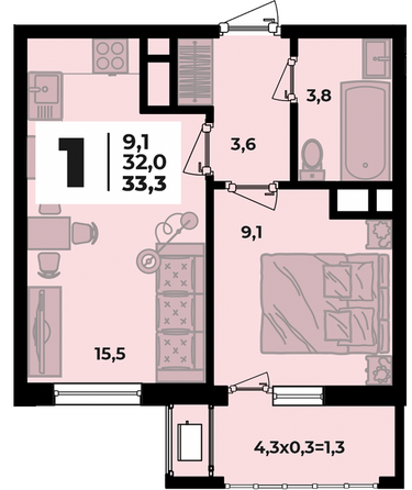 Планировка 1-комн 33,3 м²