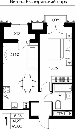 Планировка 1-комн 45,08 м²