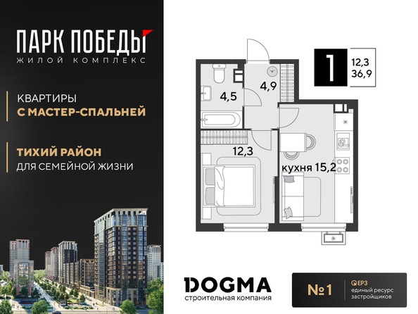 Планировка 1-комн 36,9, 37,3 м²