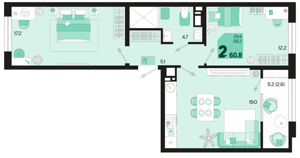 Планировка 2-комн 60,8, 61,7 м²