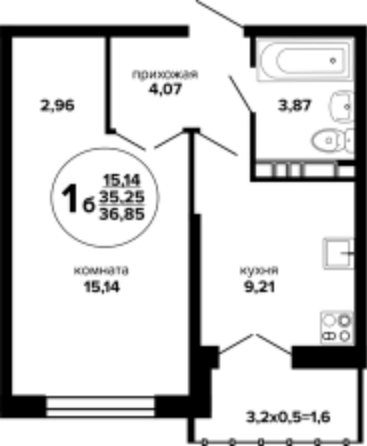 Планировка 1-комн 36,85 м²